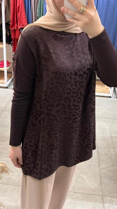 Nuss 3002 Leopar Jakar Detay Merserize Tunik Kahve