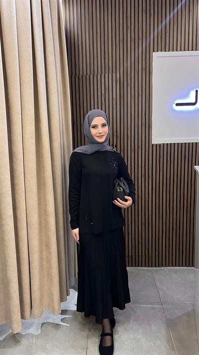 Nuss 1352 Boncuk İşlemeli Etekli Takım Siyah