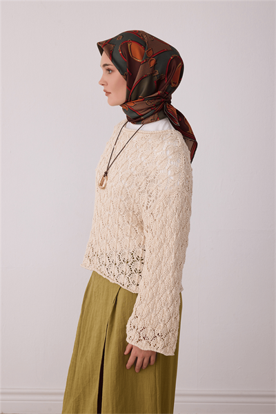 Belli Yeşil Geometrik Desen %100 Twill İpek Eşarp 4400-82(2)