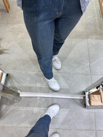Mom Jeans Damla Taş İşlemeli Kot Pantolon Koyu Mavi 0291
