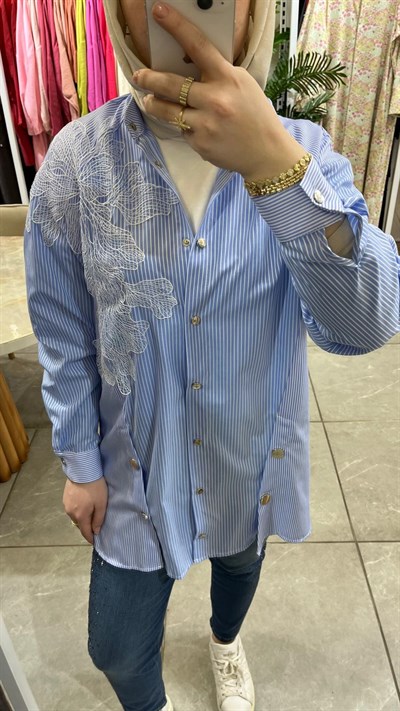 Qmash Nakış Detaylı Çizgili Gömlek Mavi 9189