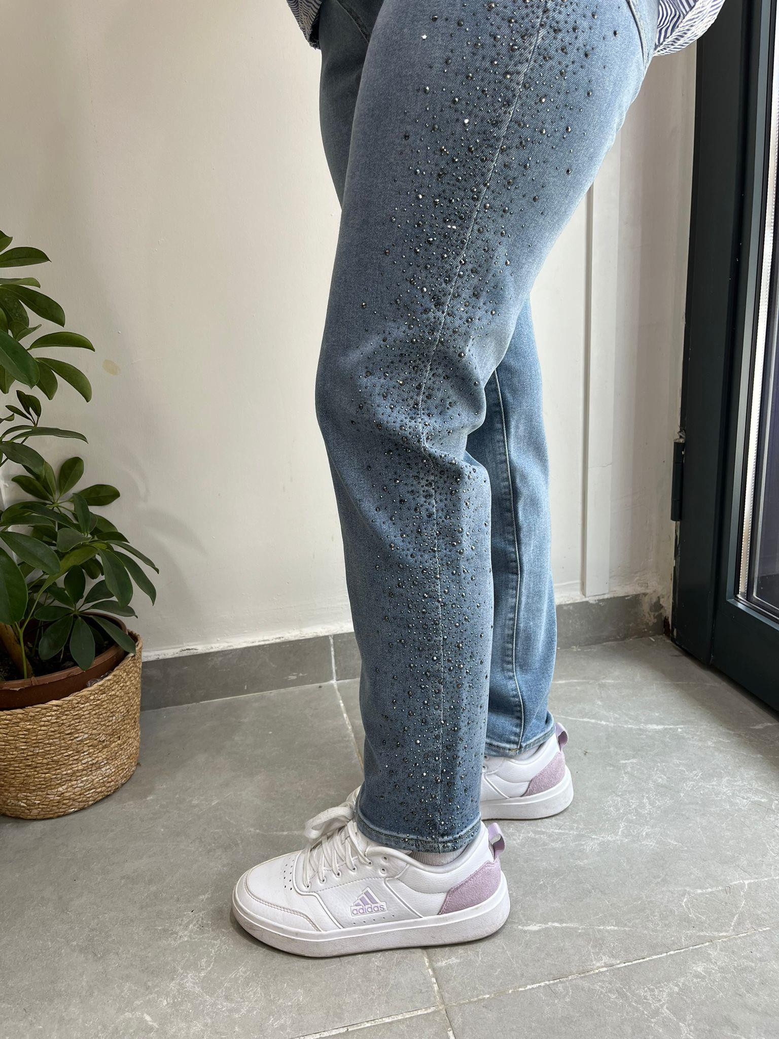 Mom Jeans Yandan Taş İşlemeli Kot Pantolon 0291