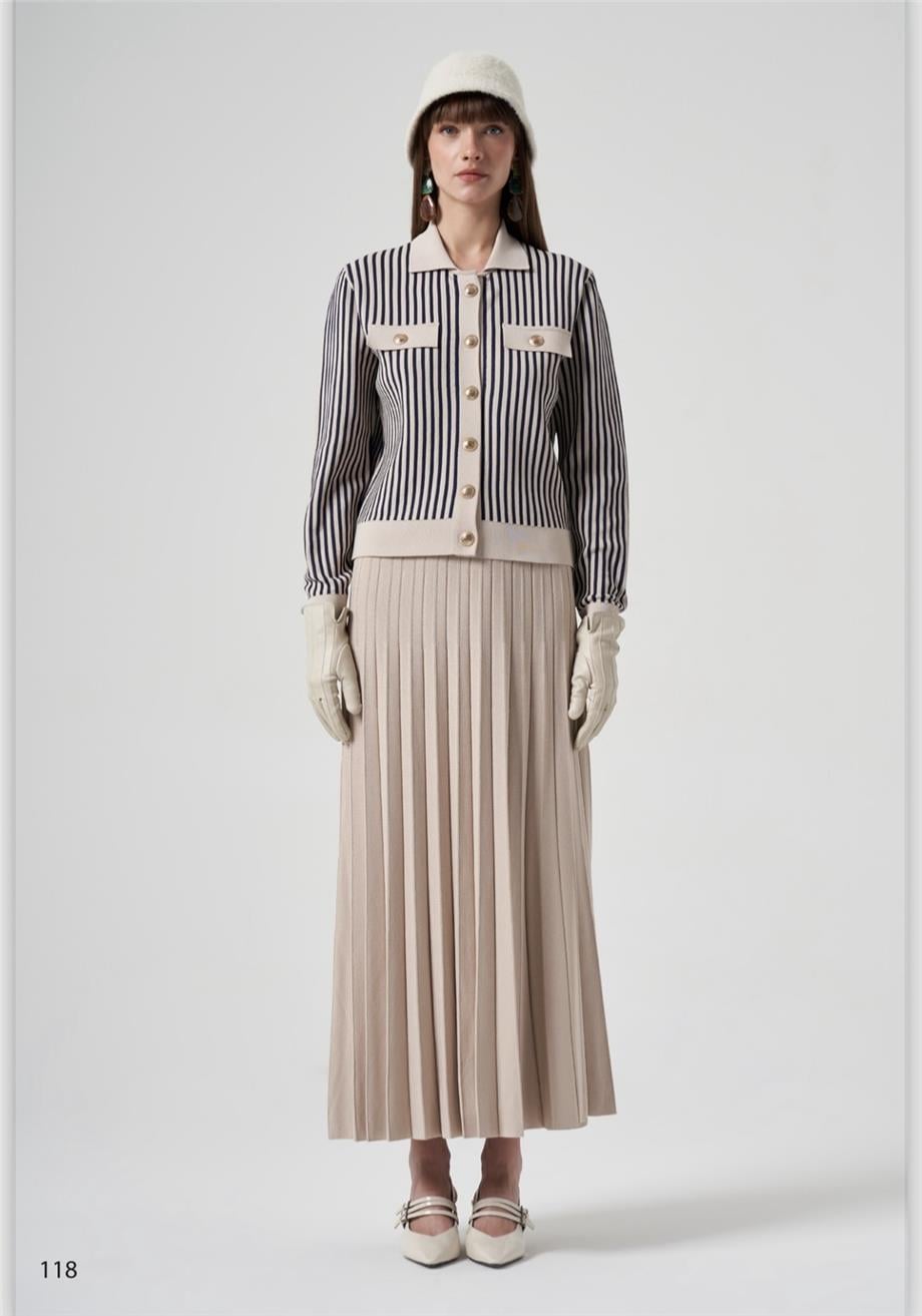 Nuss Kısa Çizgili Hırkalı Takım 1316 Bej