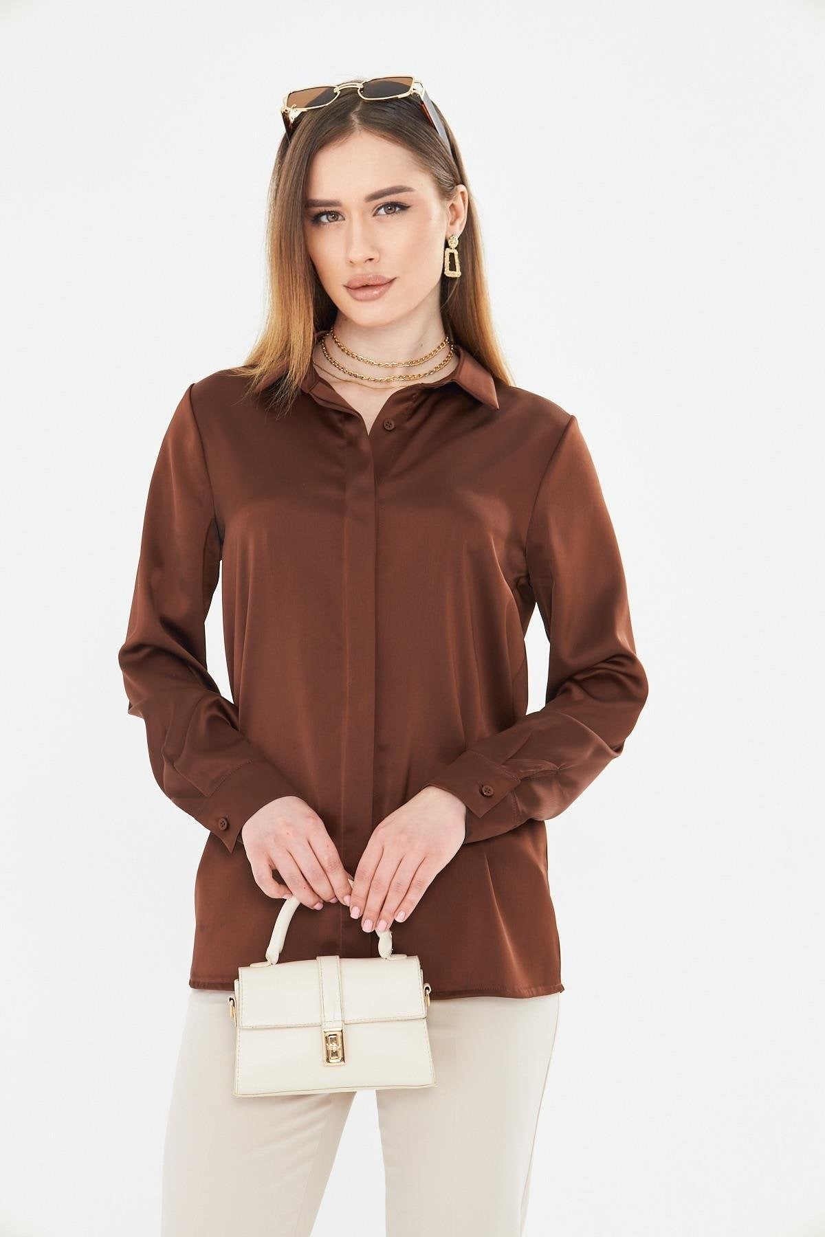 Lovelf Klasik Saten Gömlek KahveGömlekLovelf3983LovelfLovelf Klasik Saten Gömlek Kahve