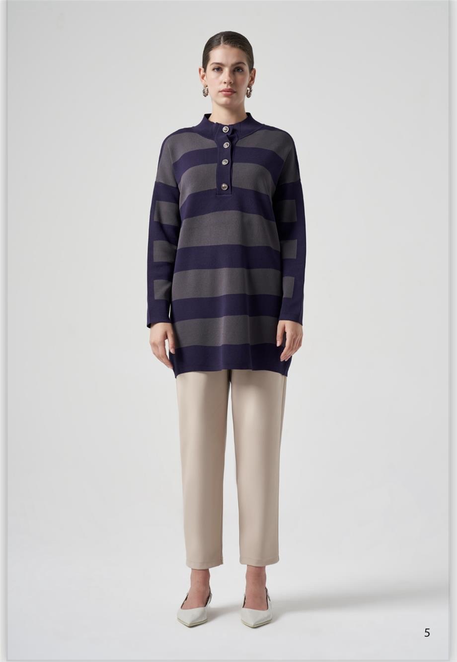 Nuss Hakim Yaka Çizgili Tunik 1212 Mor