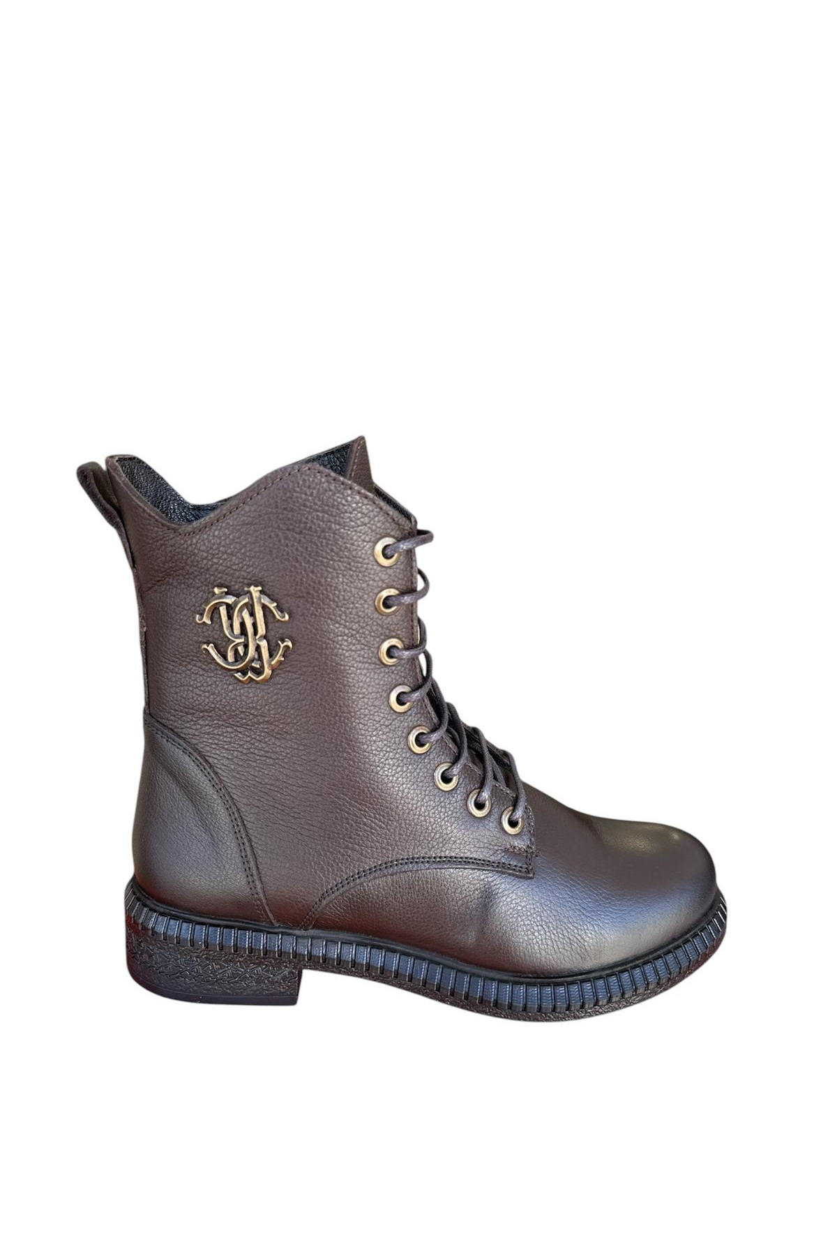 Castle Black YLDZ-20912-1 Siyah Hakiki Deri Kadın Bot Kahverengi