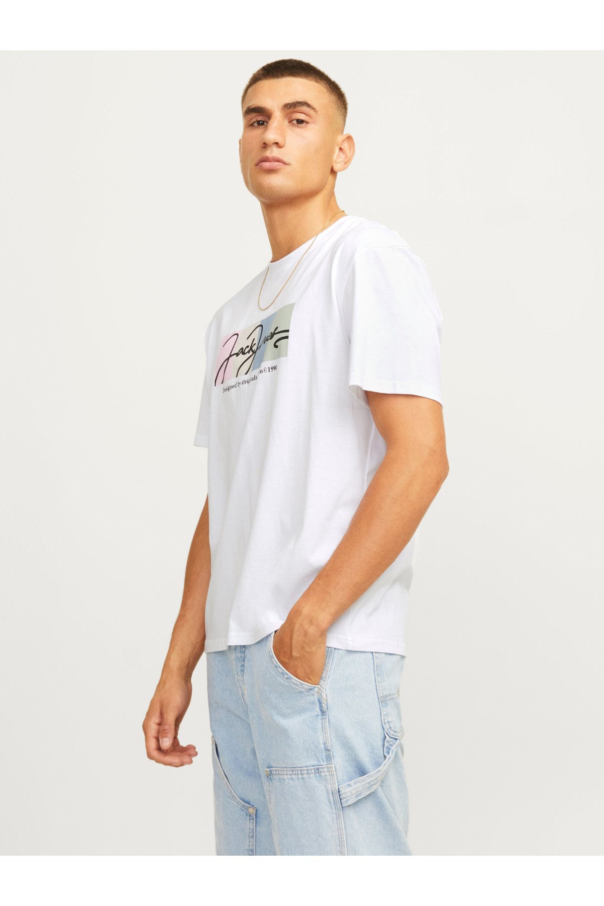 Jack&Jones 12262662 JORPORTLAND BLOCK BRANDING SS CN LN Erkek T-Shirt Beyaz