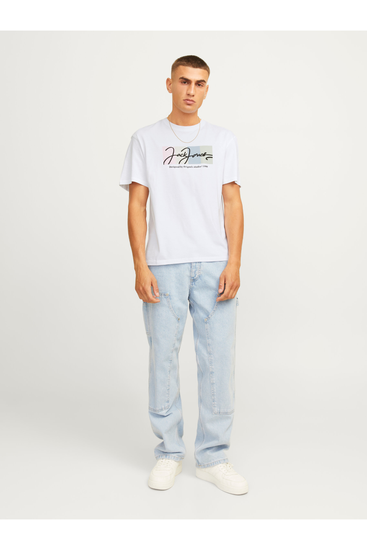 Jack&Jones 12262662 JORPORTLAND BLOCK BRANDING SS CN LN Erkek T-Shirt Beyaz