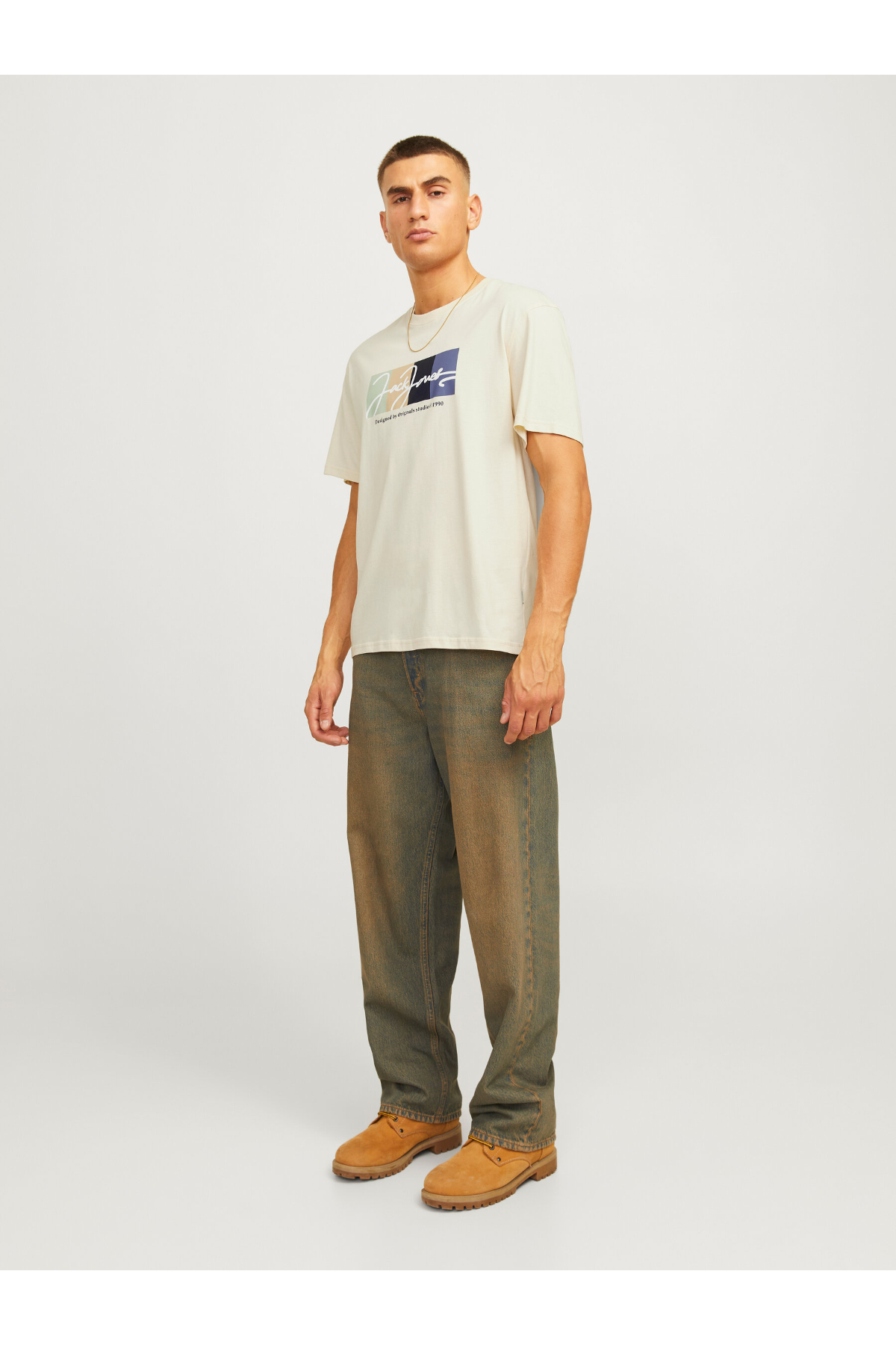 Jack&Jones 12262662 JORPORTLAND BLOCK BRANDING SS CN LN Erkek T-Shirt bej