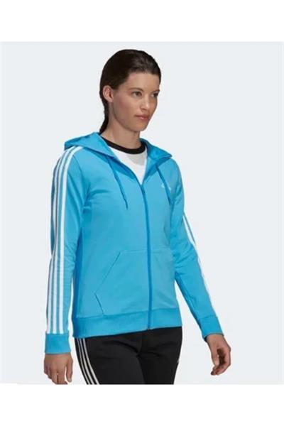 Adidas HL2057 W 3S SJ FZ HD Kadın Kapüşonlu Üst Eşofman Mavi beyaz