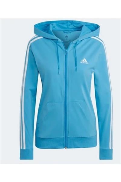 Adidas HL2057 W 3S SJ FZ HD Kadın Kapüşonlu Üst Eşofman Mavi beyaz