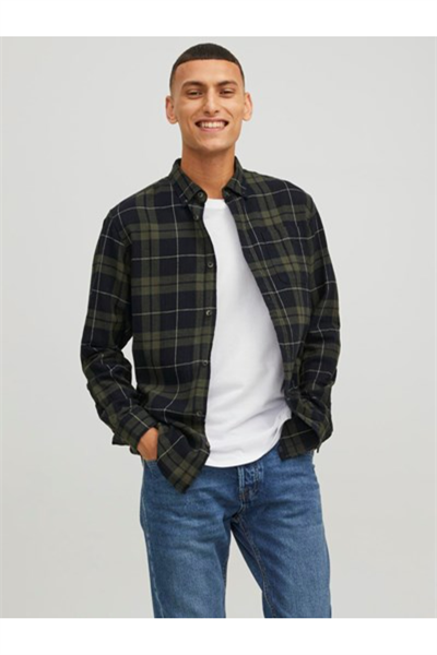 Jack&-Jones 12259895 JJEWILLY CHECH SHIRT Erkek Gömlek Haki Siyah