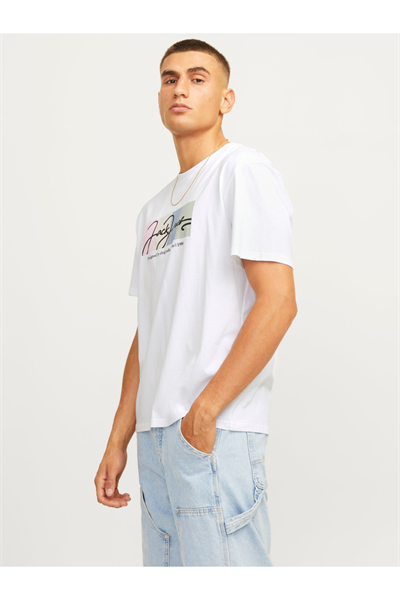 Jack&Jones 12262662 JORPORTLAND BLOCK BRANDING SS CN LN Erkek T-Shirt Beyaz