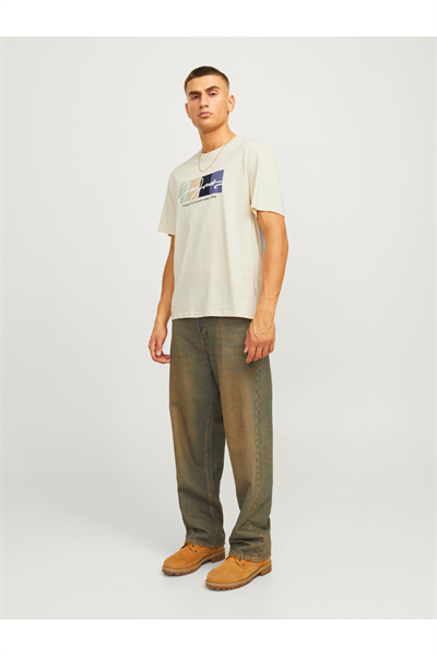 Jack&Jones 12262662 JORPORTLAND BLOCK BRANDING SS CN LN Erkek T-Shirt bej