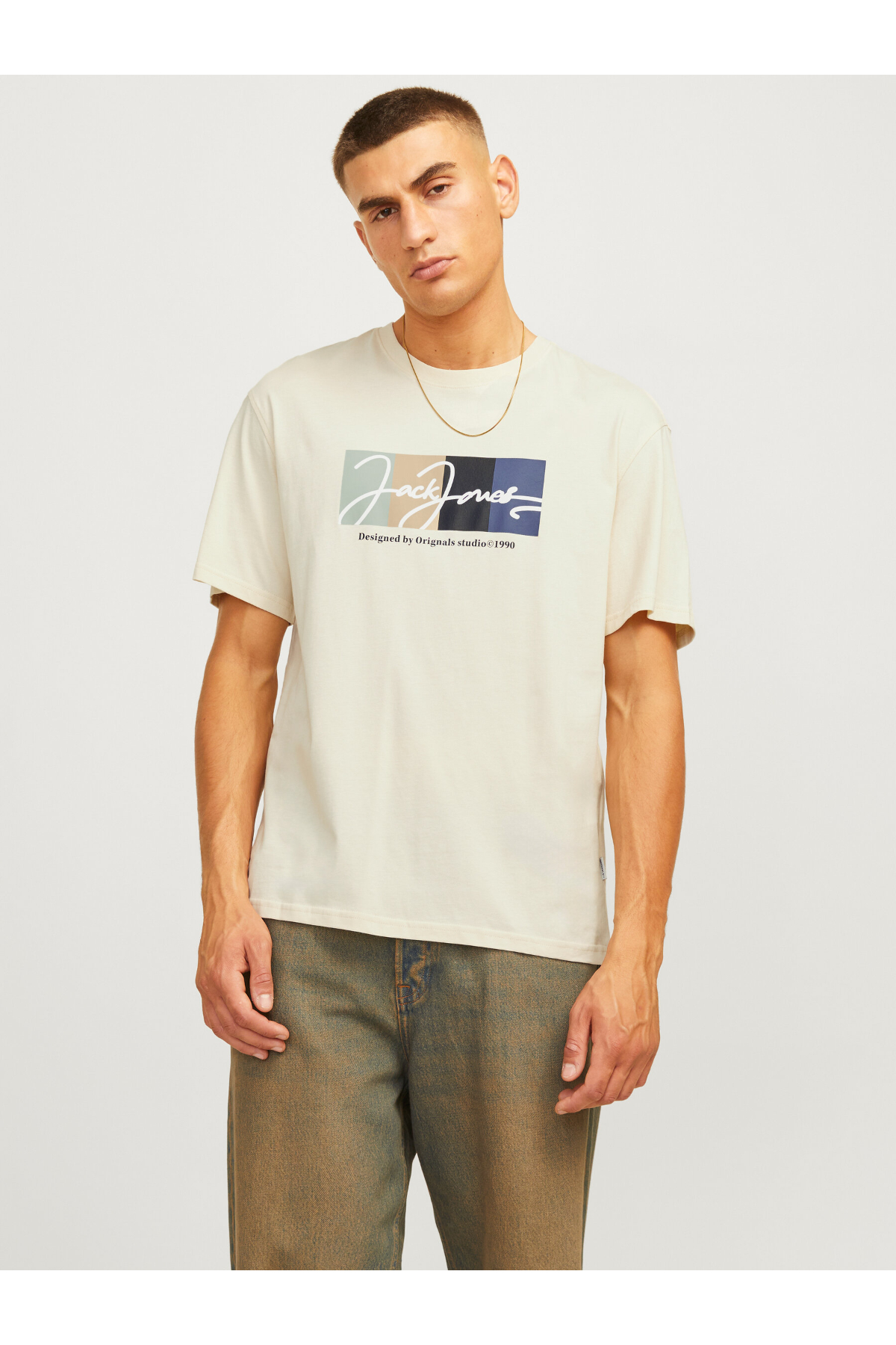 Jack&Jones 12262662 JORPORTLAND BLOCK BRANDING SS CN LN Erkek T-Shirt bej