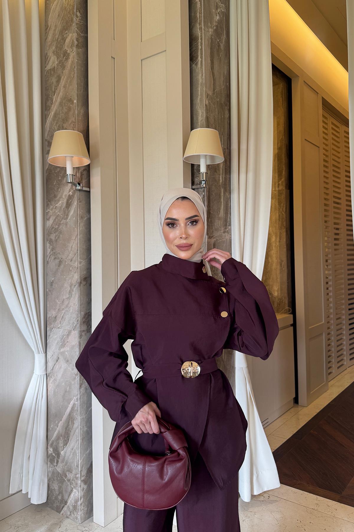 Asimetrik Kesim Bordo Kemerli Takım