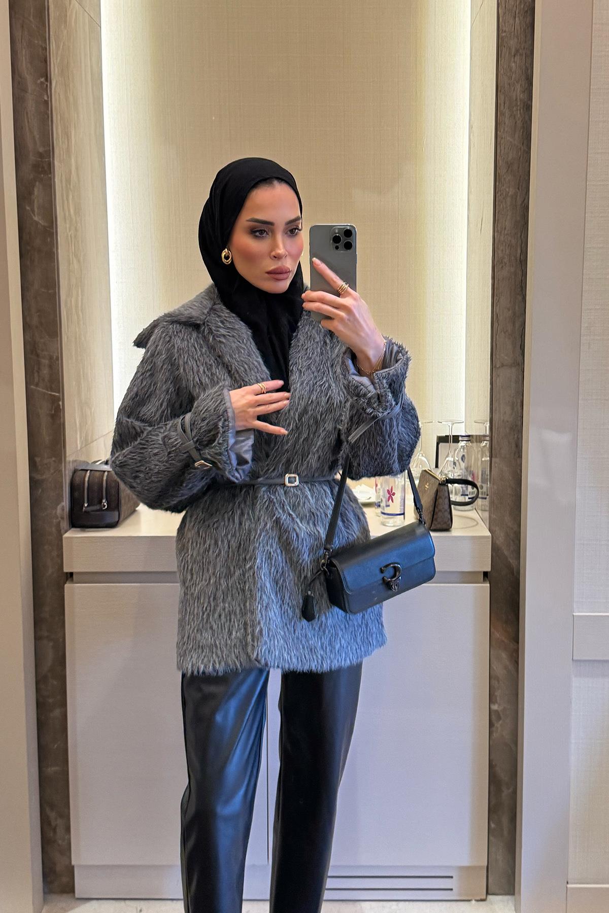 Astarlı Kürk Ceket Gri