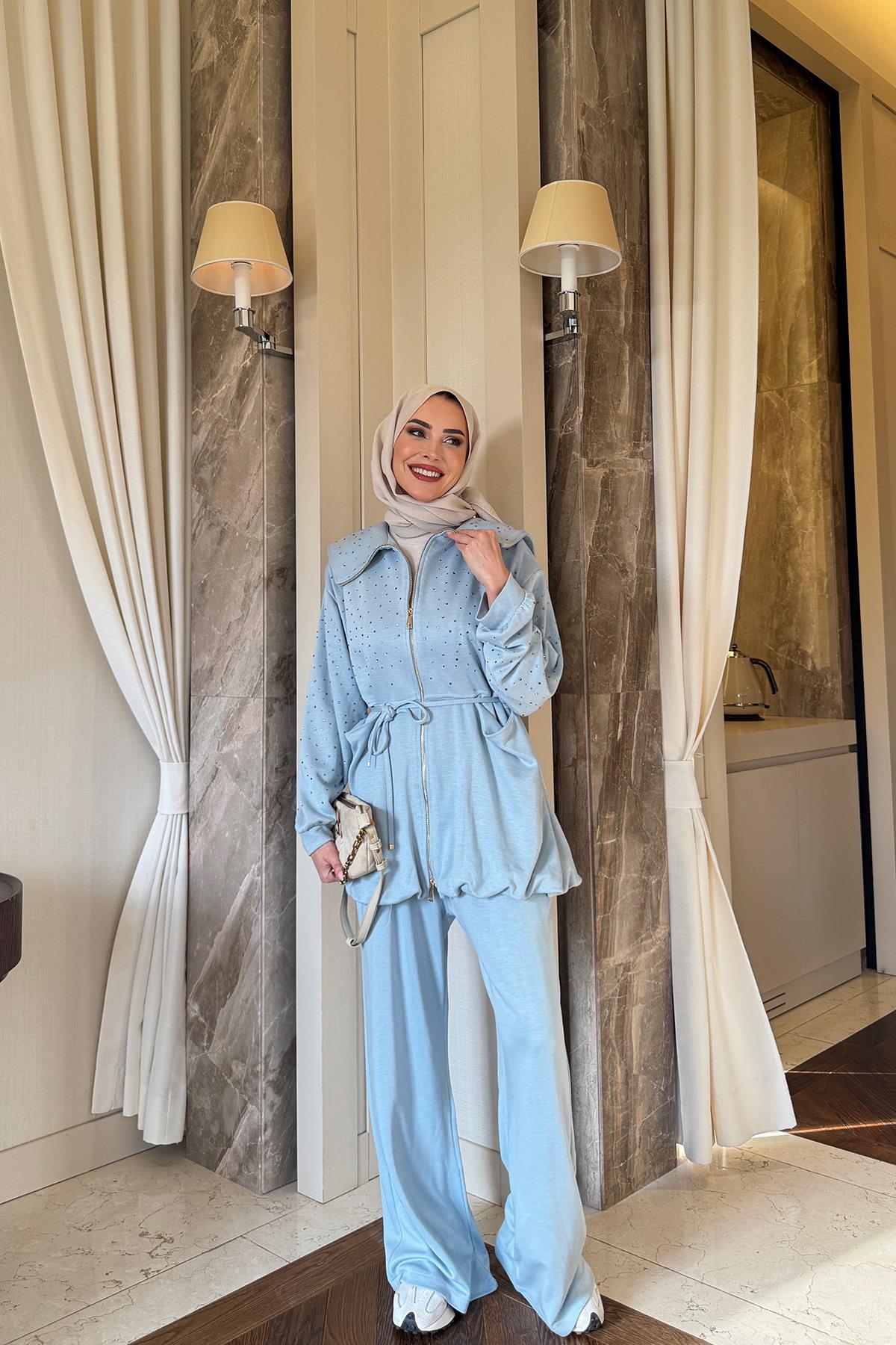 Balon Kesim Taşlı Bebe Mavisi Takım