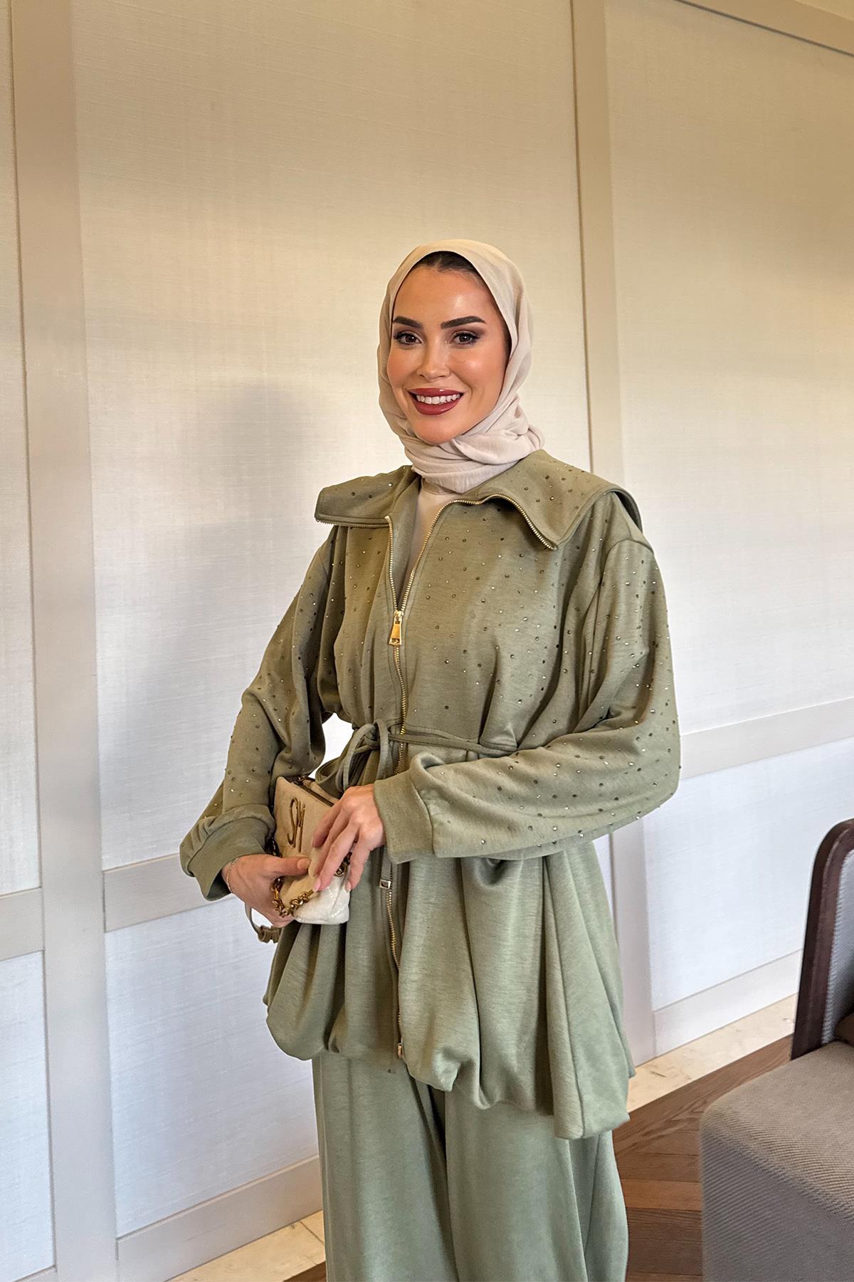 Balon Kesim Taşlı Haki Takım