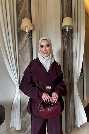 Asimetrik Kesim Bordo Kemerli Takım