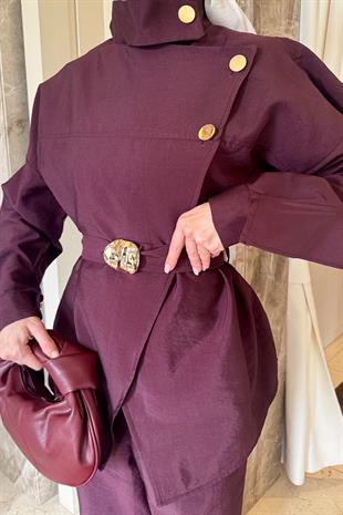 Asimetrik Kesim Bordo Kemerli Takım