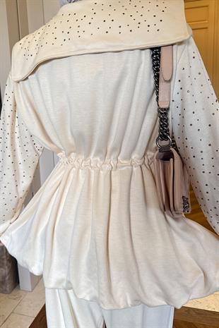 Balon Kesim Taşlı Ekru Takım