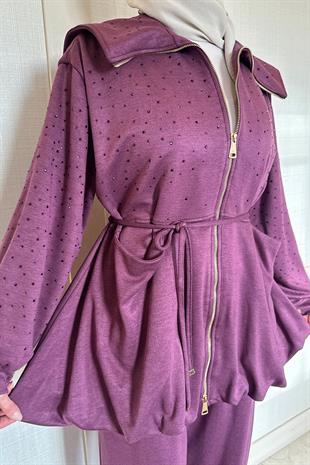 Balon Kesim Taşlı Mor Takım