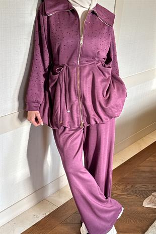 Balon Kesim Taşlı Mor Takım