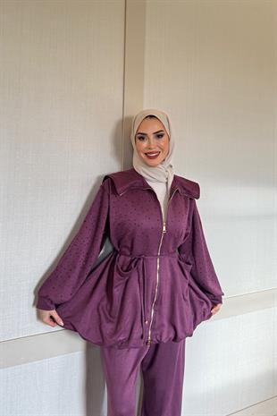 Balon Kesim Taşlı Mor Takım