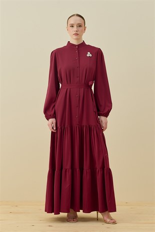 Broşlu Elbise-Kahverengi 