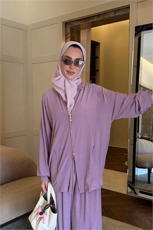 Fermuarlı Lastik Detaylı Takım Lila