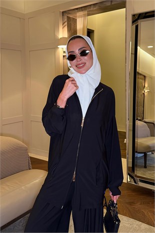 Fermuarlı Lastik Detaylı Takım Siyah