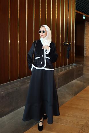 Fırfır Detaylı Peluş Hırka Siyah