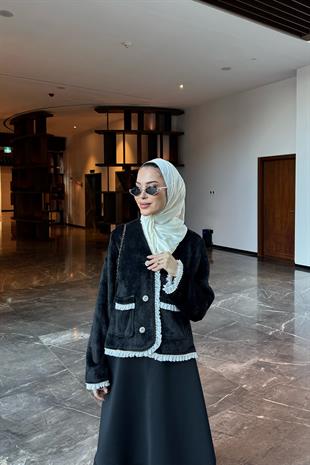 Fırfır Detaylı Peluş Hırka Siyah