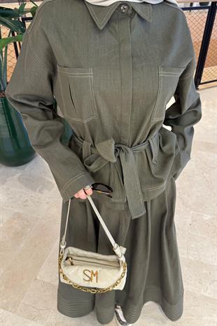 Haki Denim Etekli Takım