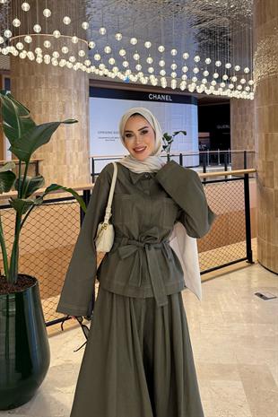 Haki Denim Etekli Takım