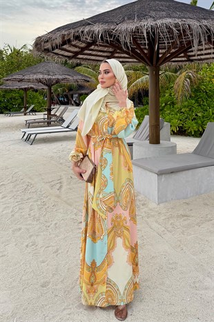 Leydi Krep Elbise-Gold