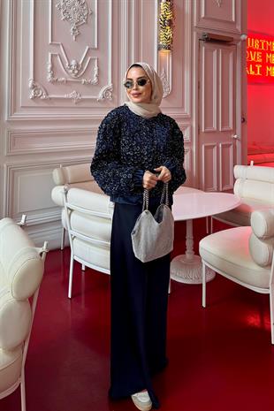 Payetli Saten Lacivert Ceket