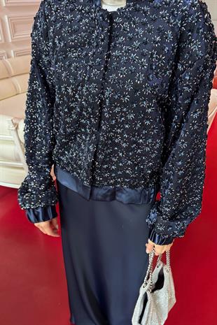 Payetli Saten Lacivert Ceket