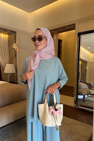 Taş Düğmeli Takım Tiffany Blue