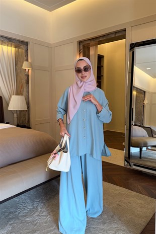 Taş Düğmeli Takım Tiffany Blue