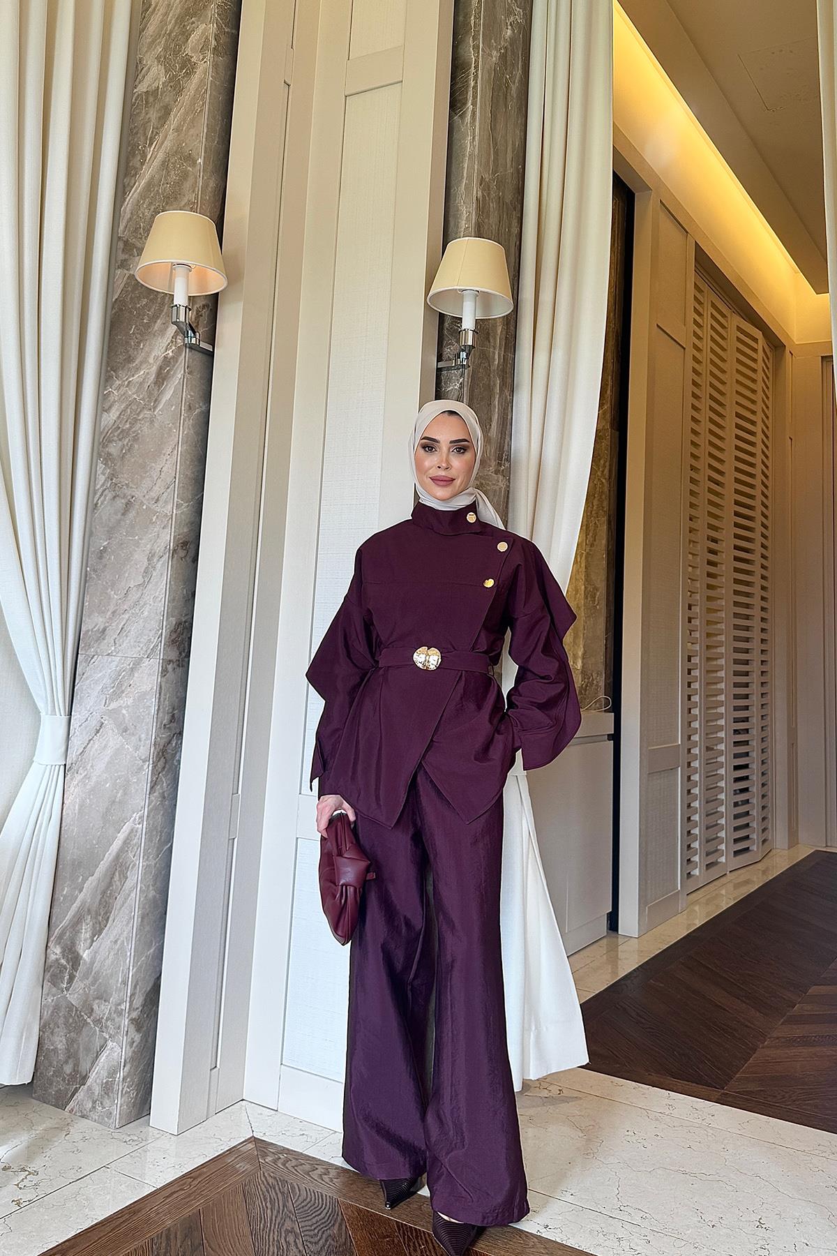 Asimetrik Kesim Bordo Kemerli Takım
