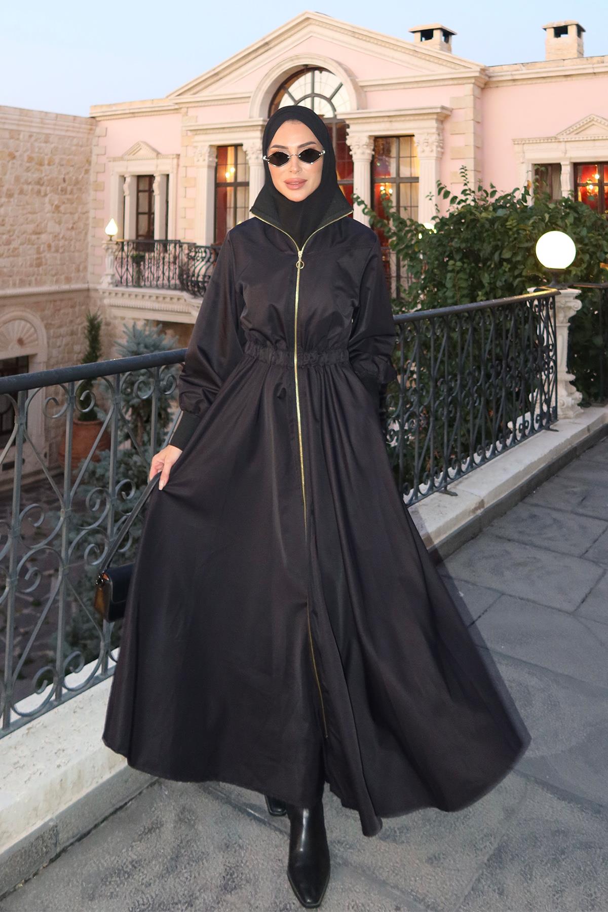 Kolej Fermuarlı Siyah Elbise