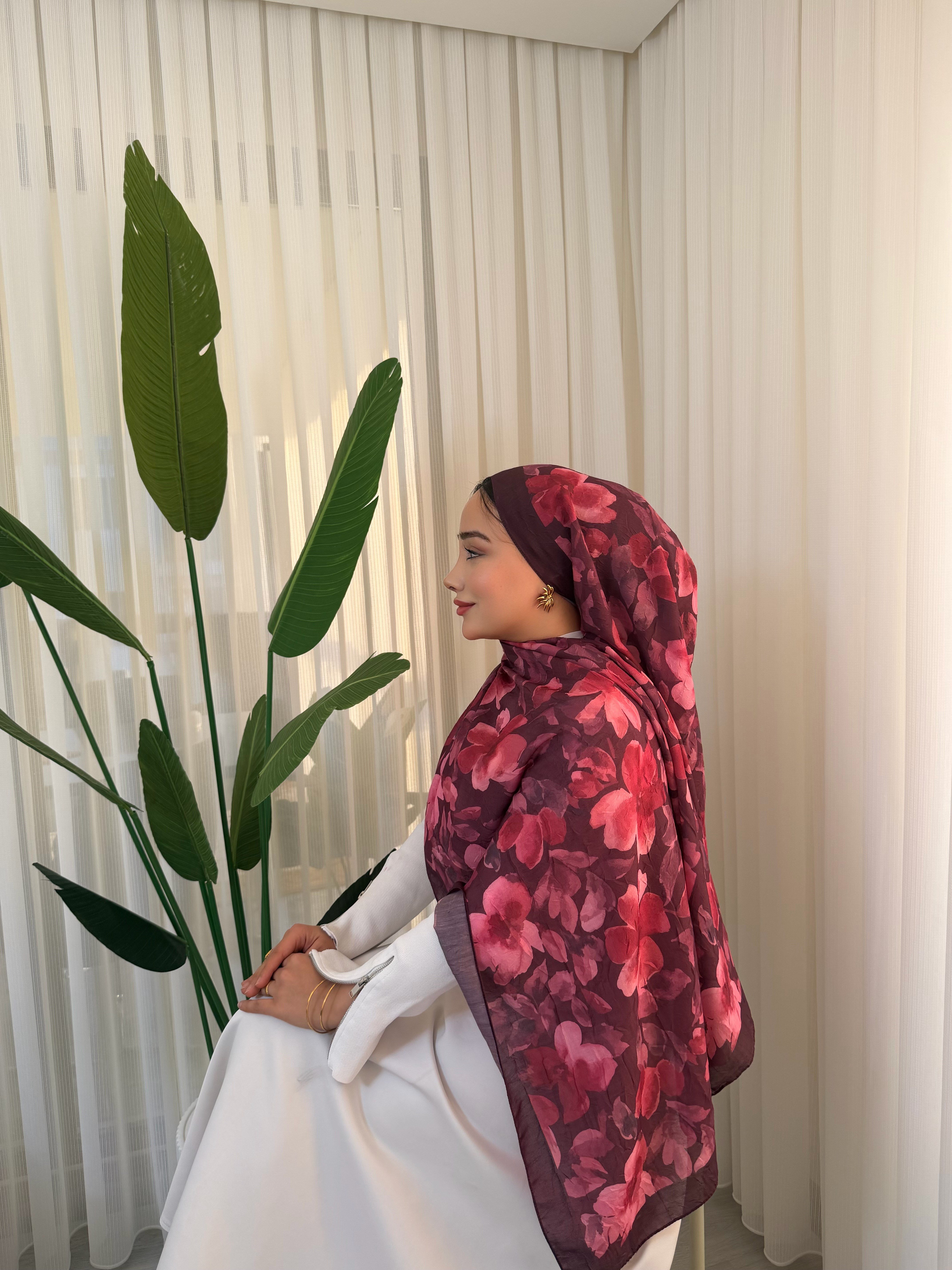 Çiçek Desen Bambu Jakar - Bordo