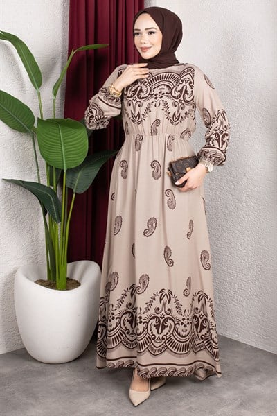 Beli Lastikli Viskon Elbise BEJ