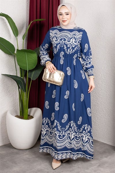 Beli Lastikli Viskon Elbise İNDİGO
