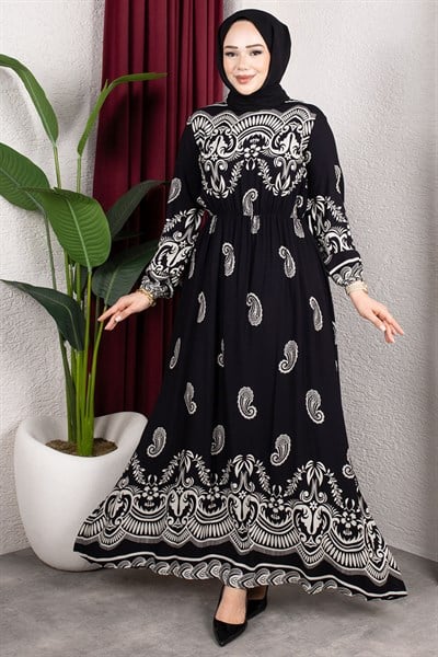 Beli Lastikli Viskon Elbise SİYAH