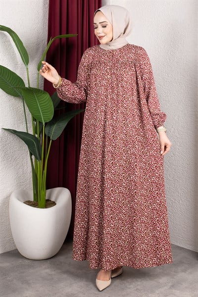 Çiçek Desenli Viskon Elbise BORDO
