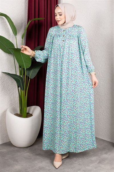 Çiçek Desenli Viskon Elbise MAVİ