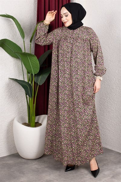 Çiçek Desenli Viskon Elbise SİYAH